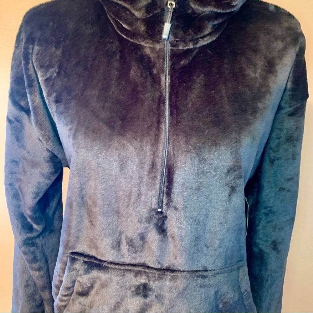 NWT Velour Hoodie Sweatshirt Medium 8/10 Black Super Soft w/ Thumbholes 1/4 Zip - Picture 3 of 16